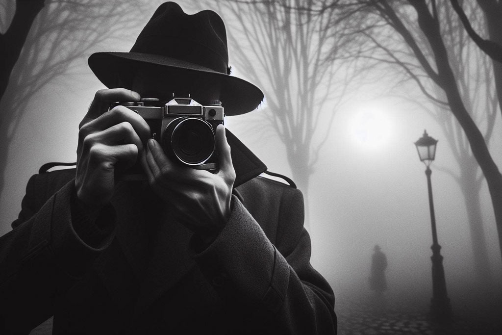 An adventurous photographer stands amidst a tranquil park enveloped in mist, camera in hand, ready to capture the serene beauty of nature on a misty day.
