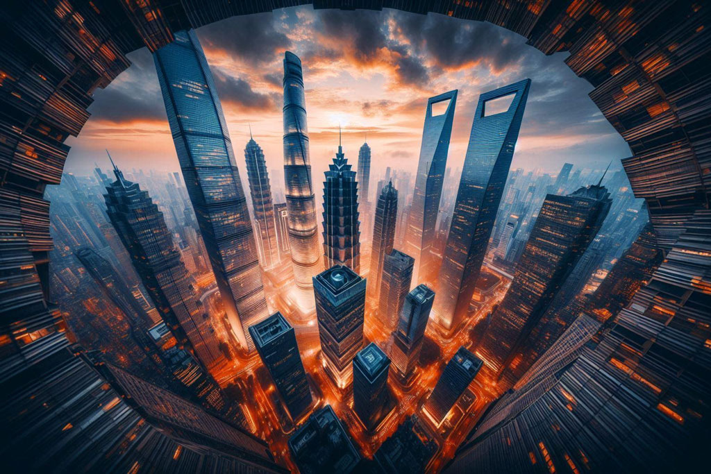 This vantage point creates a powerful perspective, emphasizing the scale and grandeur of the skyscrapers.